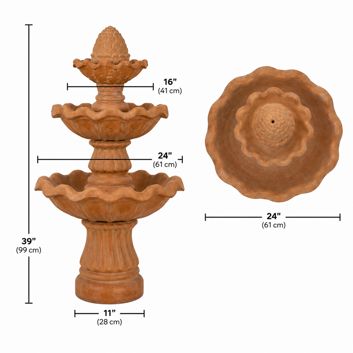 3-Tier Clay Outdoor Garden Water Fountain 61 x 99 cm