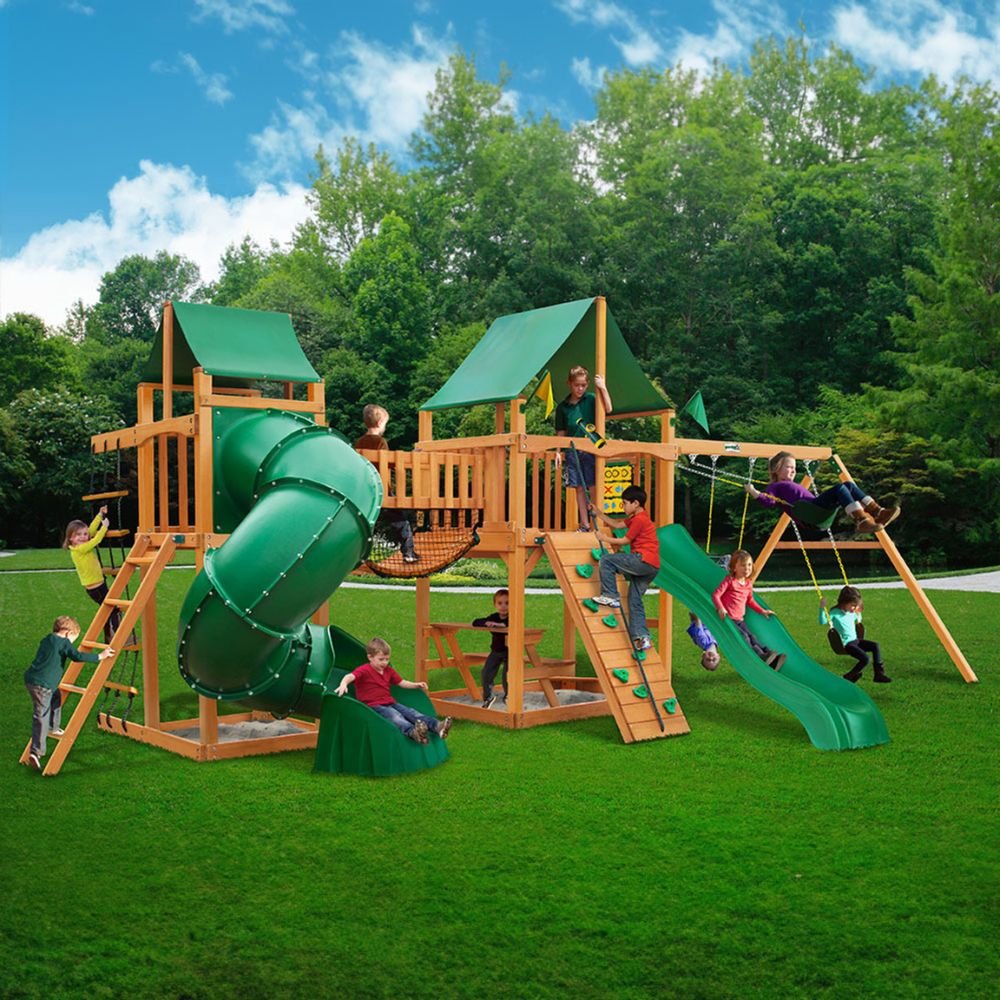 Gorilla Playsets Savannah II Wooden Swing Set with Slides and Clatter Bridge
