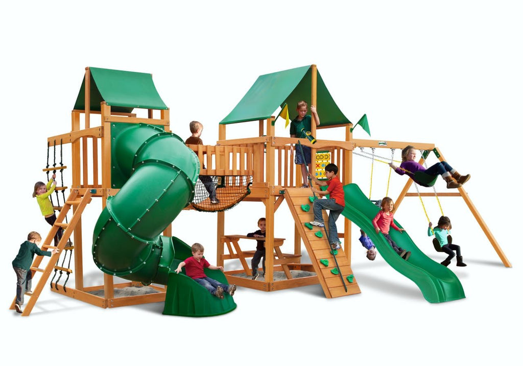 Gorilla Playsets Savannah II Wooden Swing Set with Slides and Clatter Bridge