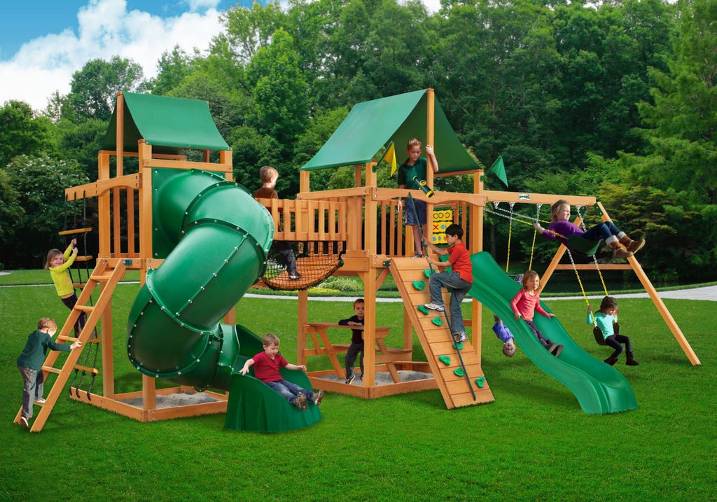 Gorilla Playsets Savannah II Wooden Swing Set with Slides and Clatter Bridge