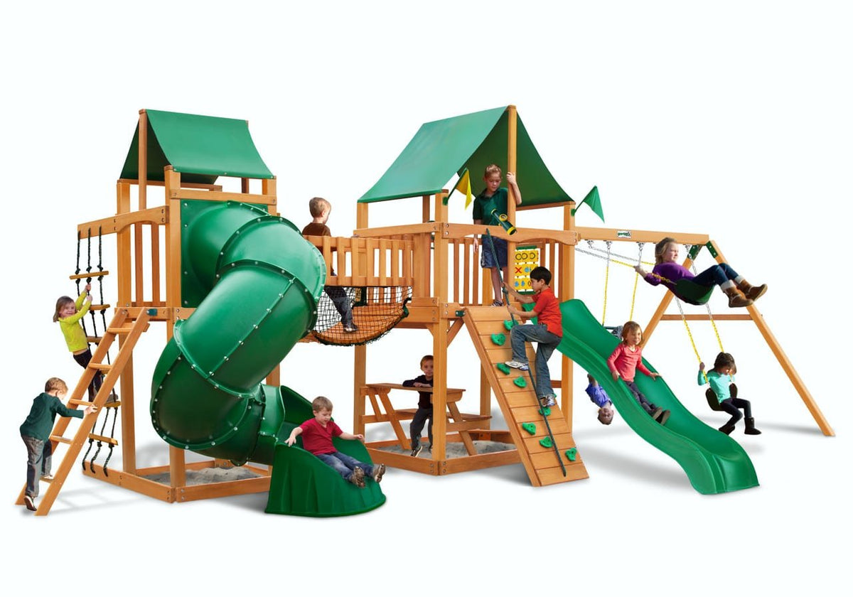Gorilla Playsets Savannah II Wooden Swing Set with Slides and Clatter Bridge
