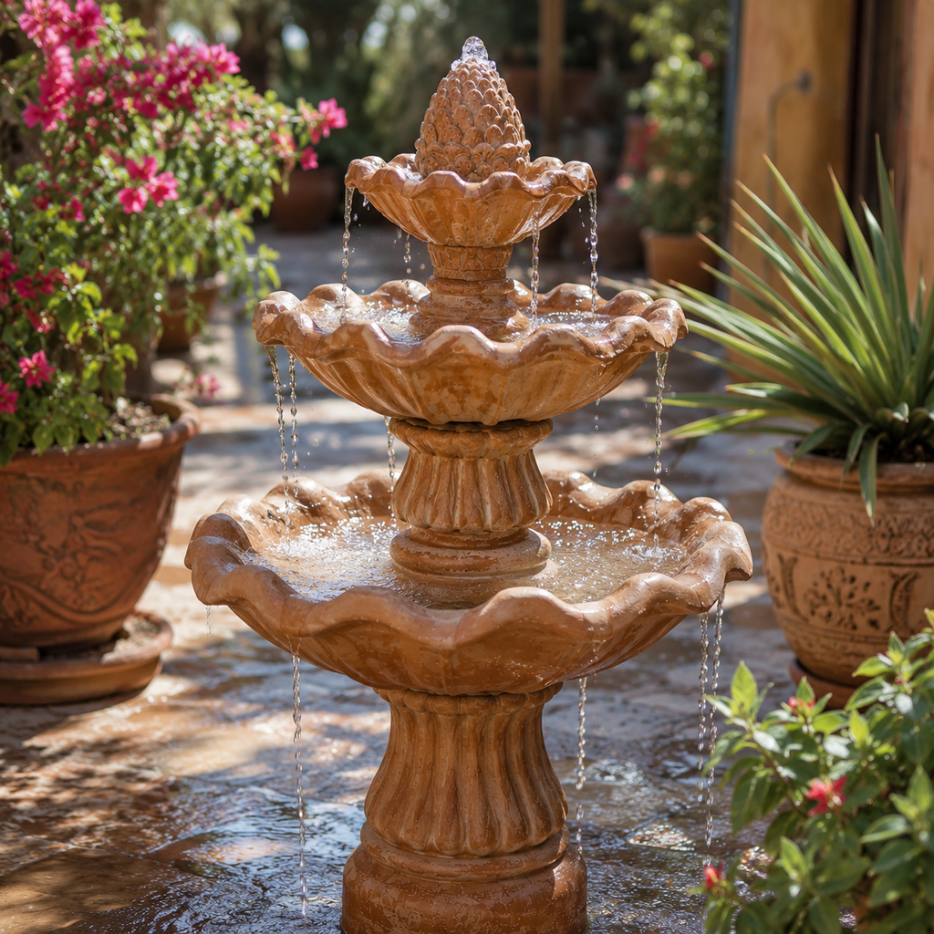 3-Tier Clay Outdoor Garden Water Fountain 61 x 99 cm